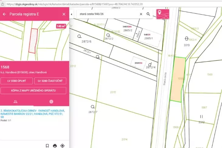 Katastrálna mapa v katastri nehnuteľností zgibis